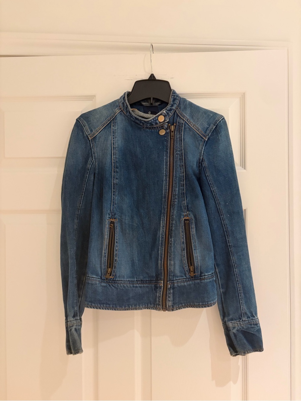 GAP Women's Faded Blue Denim Moto Jacket-Vintage